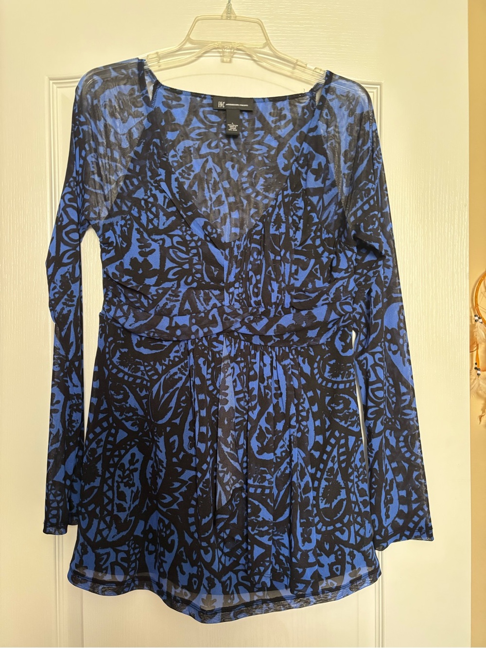 INC International Concepts Black and Blue Patterned Long Sleeve Tunic